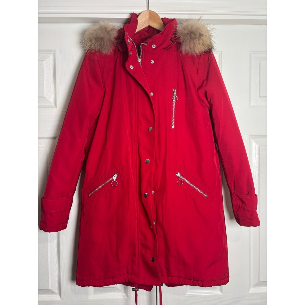 Maje Garker Rouge Red Parka Coat Asiatic Raccoon Fur Trim Hood Size 36 Small
